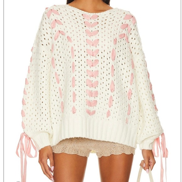 For Love & Lemons Laurel Oversized Woven Ribbon Bow Sweater Knit Size Small - Picture 1 of 6